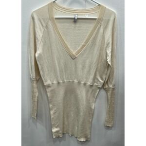 IISLI Sweater Womens Small Petite Cream V Neck Cashmere Blend Embellished Sleeve
